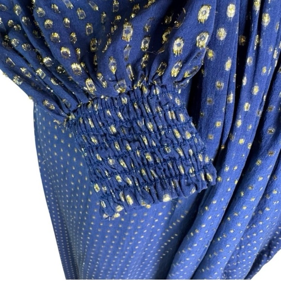 DELFI Cerise Gown Maxi Dress Waist Cutout in Blue Gold Silk Chiffon Size Large - Picture 10 of 13